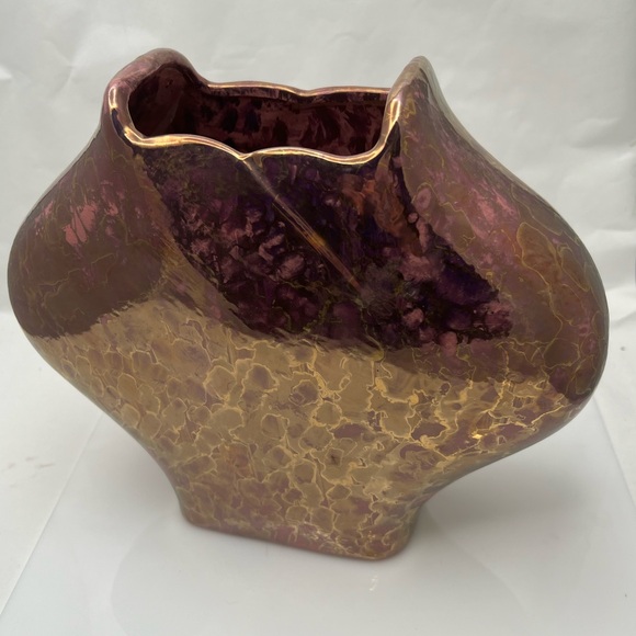 Lusterware Iridescent Glazed Ceramic Vase Planter Pink Gold Accent 8”x10” - Picture 2 of 9